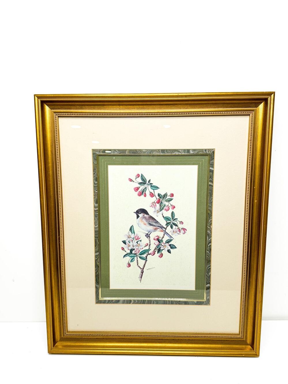 Beautiful Vintage Gold Framed Chickadee Lithograph Signed , Vintage Bird Print